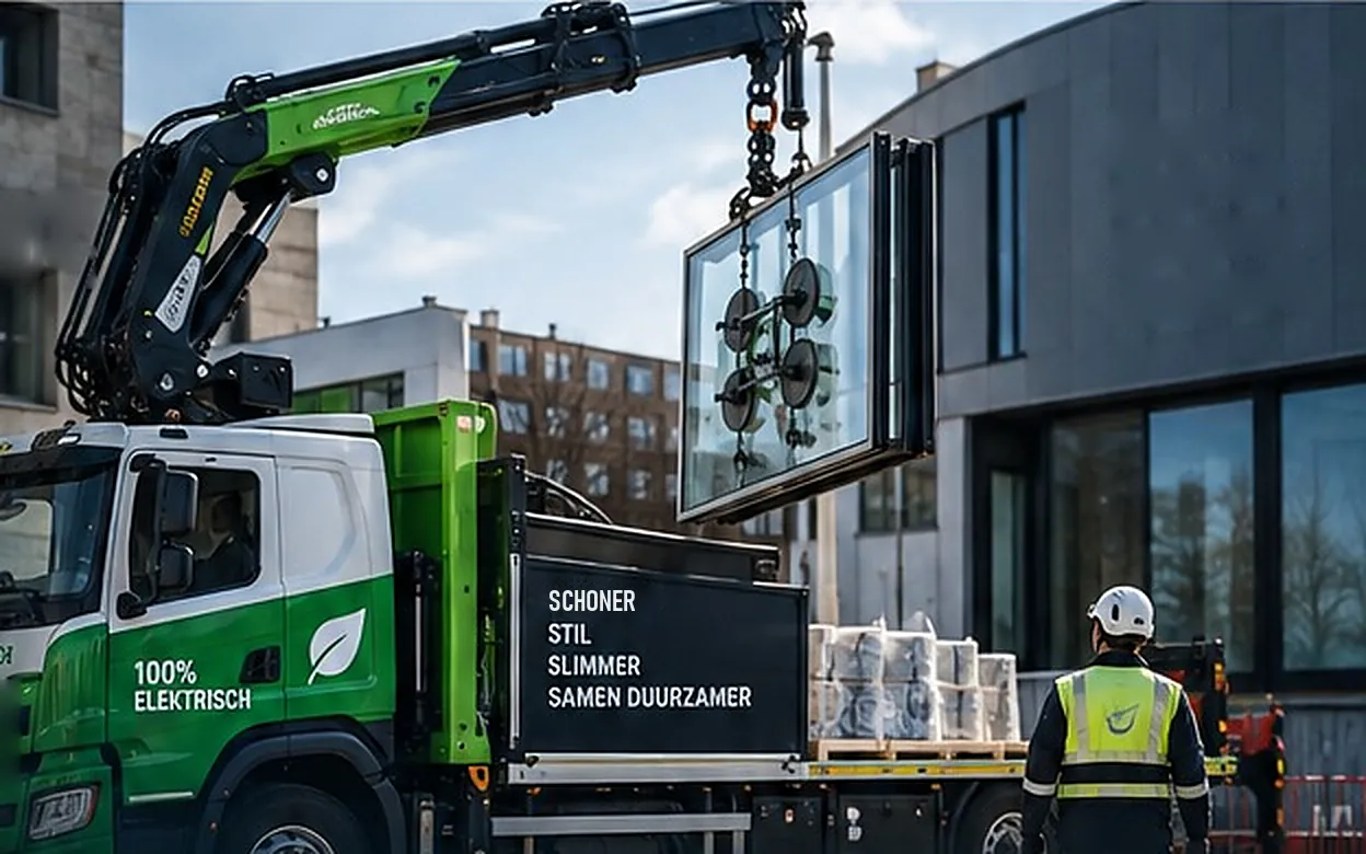 Kraanwagen plaatst een glaspaneel